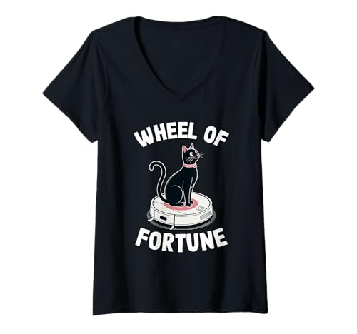 Damen Wheel of Fortune Roboterstaubsauger Lustige Katze T-Shirt mit V-Ausschnitt von Cat Lover Designs