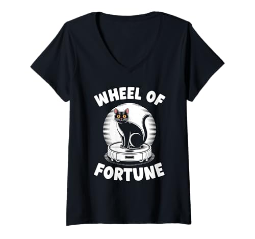 Damen Wheel of Fortune Roboterstaubsauger Lustige Katze T-Shirt mit V-Ausschnitt von Cat Lover Designs