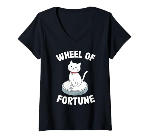 Damen Wheel of Fortune Roboterstaubsauger Lustige Katze T-Shirt mit V-Ausschnitt von Cat Lover Designs