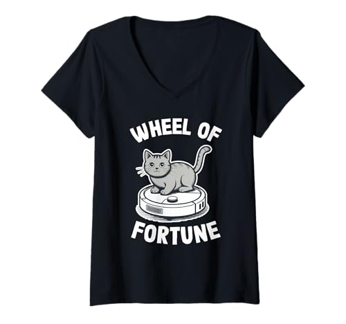 Damen Wheel of Fortune Roboterstaubsauger Lustige Katze T-Shirt mit V-Ausschnitt von Cat Lover Designs
