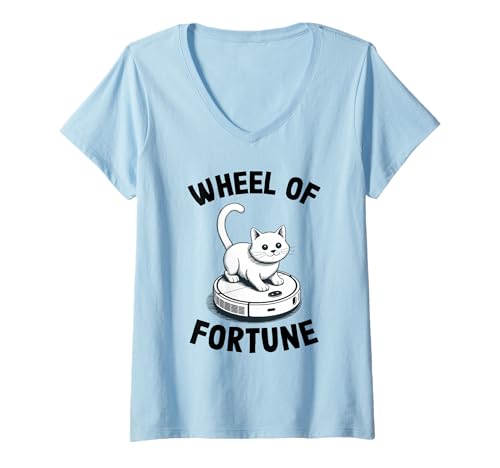Damen Wheel of Fortune Roboterstaubsauger Lustige Katze T-Shirt mit V-Ausschnitt von Cat Lover Designs