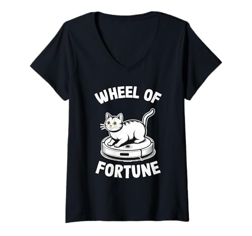 Damen Wheel of Fortune Roboterstaubsauger Lustige Katze T-Shirt mit V-Ausschnitt von Cat Lover Designs