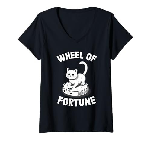 Damen Wheel of Fortune Roboterstaubsauger Lustige Katze T-Shirt mit V-Ausschnitt von Cat Lover Designs