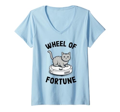 Damen Wheel of Fortune Roboterstaubsauger Lustige Katze T-Shirt mit V-Ausschnitt von Cat Lover Designs
