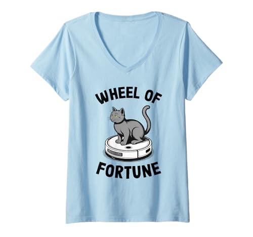 Damen Wheel of Fortune Roboterstaubsauger Lustige Katze T-Shirt mit V-Ausschnitt von Cat Lover Designs