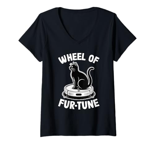 Damen Wheel of Fur-Tune Saugroboter Lustige Katze T-Shirt mit V-Ausschnitt von Cat Lover Designs