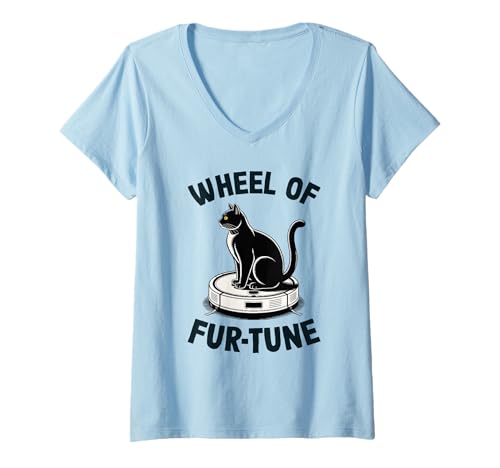 Damen Wheel of Fur-Tune Saugroboter Lustige Katze T-Shirt mit V-Ausschnitt von Cat Lover Designs