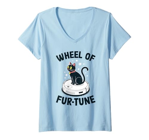 Damen Wheel of Fur-Tune Saugroboter Lustige Katze T-Shirt mit V-Ausschnitt von Cat Lover Designs