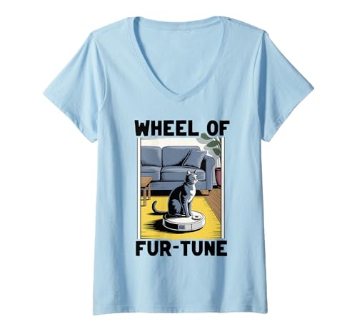 Damen Wheel of Fur-Tune Saugroboter Lustige Katze T-Shirt mit V-Ausschnitt von Cat Lover Designs
