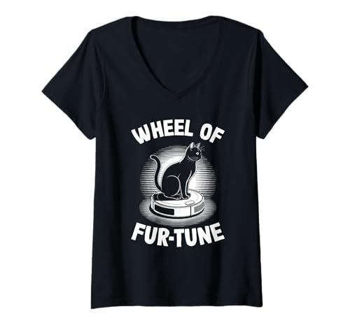 Damen Wheel of Fur-Tune Saugroboter Lustige Katze T-Shirt mit V-Ausschnitt von Cat Lover Designs