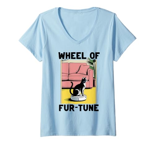 Damen Wheel of Fur-Tune Saugroboter Lustige Katze T-Shirt mit V-Ausschnitt von Cat Lover Designs