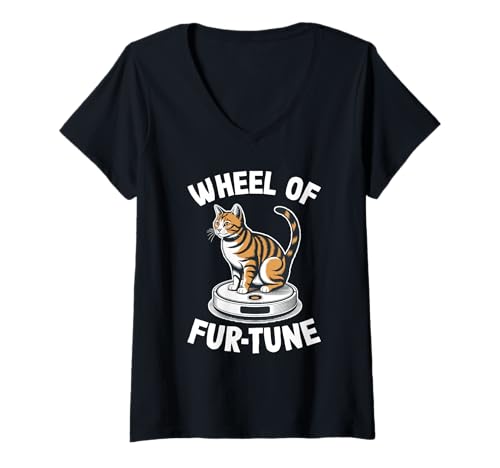 Damen Wheel of Fur-Tune Saugroboter Lustige Katze T-Shirt mit V-Ausschnitt von Cat Lover Designs