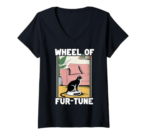 Damen Wheel of Fur-Tune Saugroboter Lustige Katze T-Shirt mit V-Ausschnitt von Cat Lover Designs