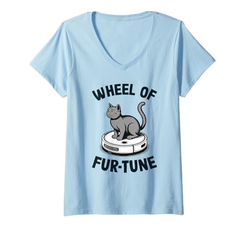 Damen Wheel of Fur-Tune Saugroboter Lustige Katze T-Shirt mit V-Ausschnitt von Cat Lover Designs