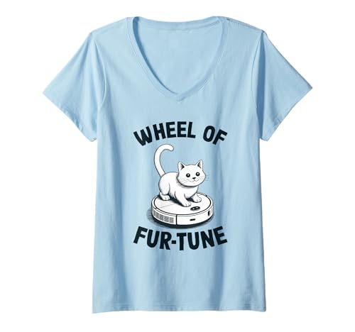 Damen Wheel of Fur-Tune Saugroboter Lustige Katze T-Shirt mit V-Ausschnitt von Cat Lover Designs