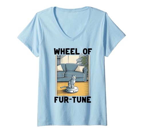 Damen Wheel of Fur-Tune Saugroboter Lustige Katze T-Shirt mit V-Ausschnitt von Cat Lover Designs