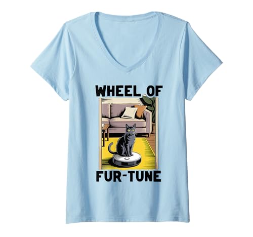 Damen Wheel of Fur-Tune Saugroboter Lustige Katze T-Shirt mit V-Ausschnitt von Cat Lover Designs
