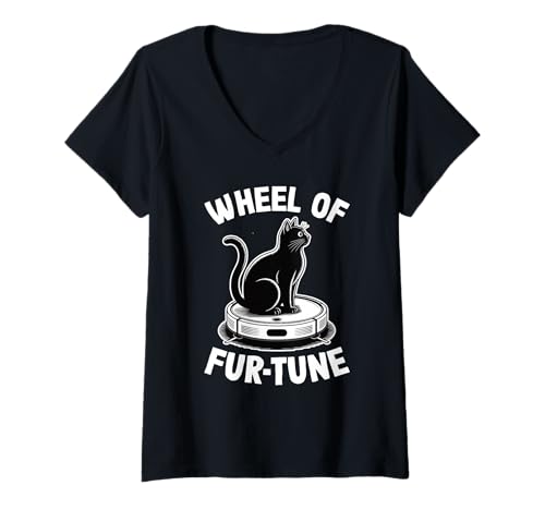 Damen Wheel of Fur-Tune Saugroboter Lustige Katze T-Shirt mit V-Ausschnitt von Cat Lover Designs