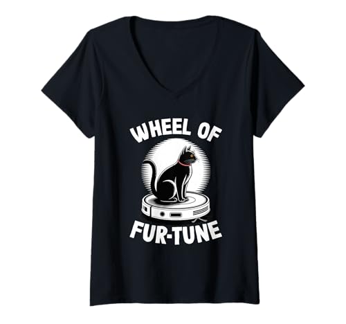 Damen Wheel of Fur-Tune Saugroboter Lustige Katze T-Shirt mit V-Ausschnitt von Cat Lover Designs