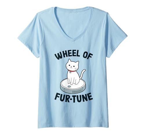 Damen Wheel of Fur-Tune Saugroboter Lustige Katze T-Shirt mit V-Ausschnitt von Cat Lover Designs
