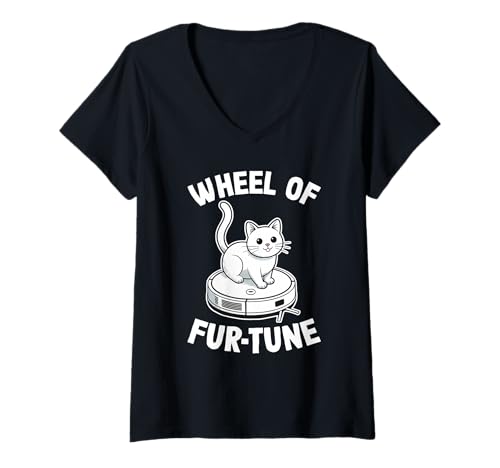 Damen Wheel of Fur-Tune Saugroboter Lustige Katze T-Shirt mit V-Ausschnitt von Cat Lover Designs
