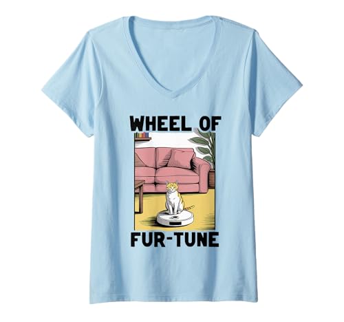 Damen Wheel of Fur-Tune Saugroboter Lustige Katze T-Shirt mit V-Ausschnitt von Cat Lover Designs