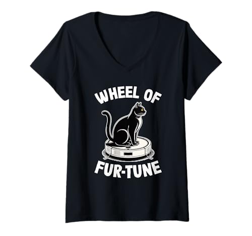 Damen Wheel of Fur-Tune Saugroboter Lustige Katze T-Shirt mit V-Ausschnitt von Cat Lover Designs