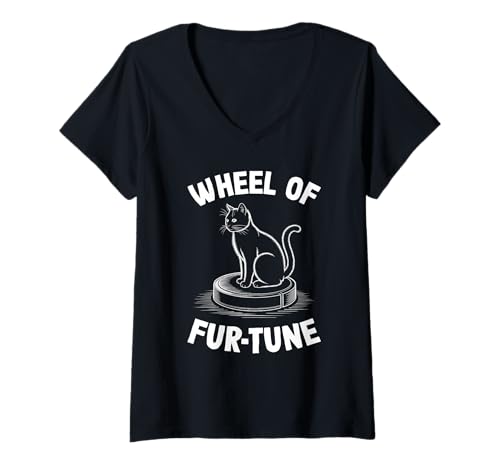 Damen Wheel of Fur-Tune Saugroboter Lustige Katze T-Shirt mit V-Ausschnitt von Cat Lover Designs