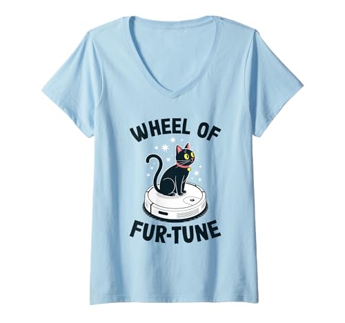 Damen Wheel of Fur-Tune Saugroboter Lustige Katze T-Shirt mit V-Ausschnitt von Cat Lover Designs