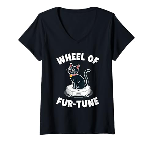 Damen Wheel of Fur-Tune Saugroboter Lustige Katze T-Shirt mit V-Ausschnitt von Cat Lover Designs