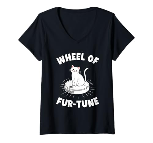 Damen Wheel of Fur-Tune Saugroboter Lustige Katze T-Shirt mit V-Ausschnitt von Cat Lover Designs