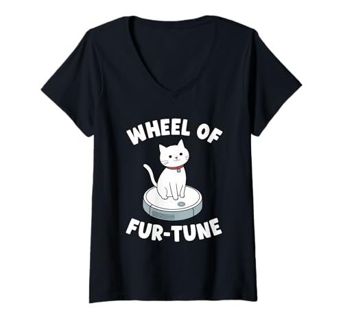 Damen Wheel of Fur-Tune Saugroboter Lustige Katze T-Shirt mit V-Ausschnitt von Cat Lover Designs