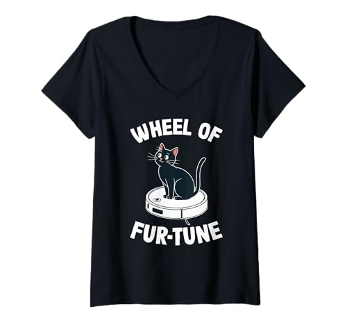 Damen Wheel of Fur-Tune Saugroboter Lustige Katze T-Shirt mit V-Ausschnitt von Cat Lover Designs