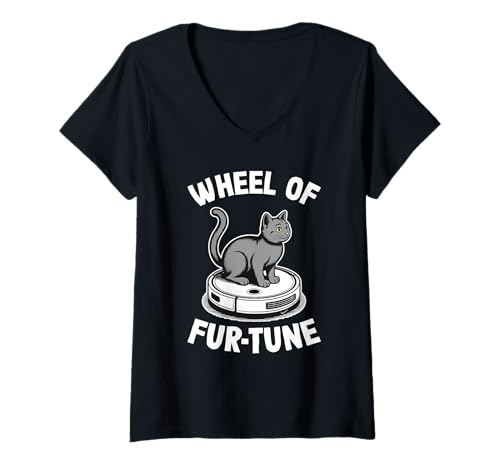 Damen Wheel of Fur-Tune Saugroboter Lustige Katze T-Shirt mit V-Ausschnitt von Cat Lover Designs