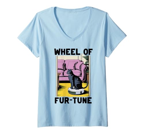 Damen Wheel of Fur-Tune Saugroboter Lustige Katze T-Shirt mit V-Ausschnitt von Cat Lover Designs
