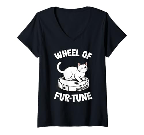 Damen Wheel of Fur-Tune Saugroboter Lustige Katze T-Shirt mit V-Ausschnitt von Cat Lover Designs