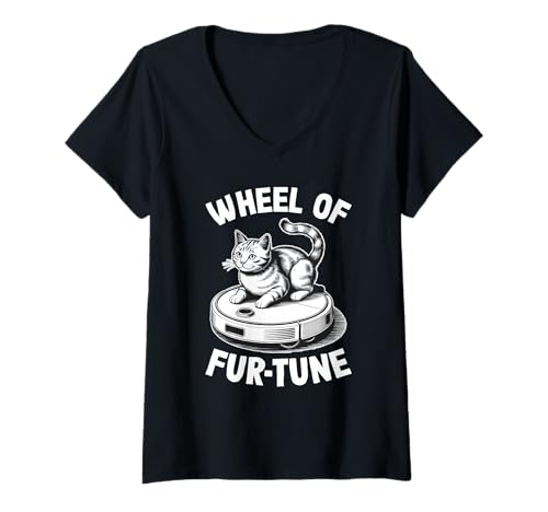 Damen Wheel of Fur-Tune Saugroboter Lustige Katze T-Shirt mit V-Ausschnitt von Cat Lover Designs