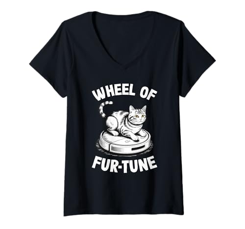 Damen Wheel of Fur-Tune Saugroboter Lustige Katze T-Shirt mit V-Ausschnitt von Cat Lover Designs