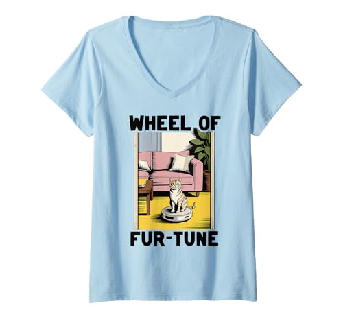 Damen Wheel of Fur-Tune Saugroboter Lustige Katze T-Shirt mit V-Ausschnitt von Cat Lover Designs