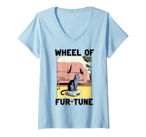 Damen Wheel of Fur-Tune Saugroboter Lustige Katze T-Shirt mit V-Ausschnitt von Cat Lover Designs