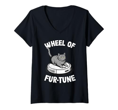 Damen Wheel of Fur-Tune Saugroboter Lustige Katze T-Shirt mit V-Ausschnitt von Cat Lover Designs
