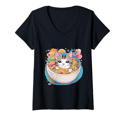 Damen Cat Ramen Japanische lustige Grafik Tees Kawaii Katze Geschenke Anime T-Shirt mit V-Ausschnitt Damen Cat Ramen Japanische lustige Grafik Tees Kawaii Katze Geschenke Anime T-Shirt mit V-Ausschnitt von Cat Lover Funny Cat Mom Dad Cool Gifts Idea