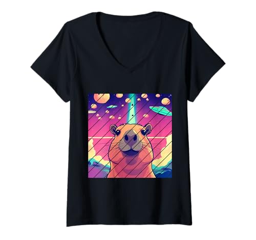 Damen Lustiges Capybara-Selfie mit UFOs seltsamer Kawaii-Anime T-Shirt mit V-Ausschnitt Damen Lustiges Capybara-Selfie mit UFOs seltsamer Kawaii-Anime T-Shirt mit V-Ausschnitt von Cat Lover Funny Cat Mom Dad Cool Gifts Idea