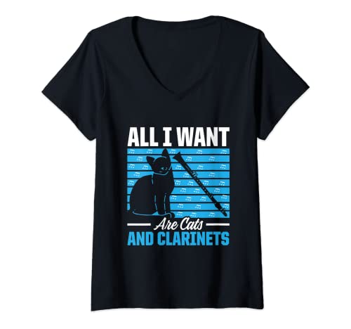 Damen All I Want Are Cats And Clarinets Lustiger Klarinettenspieler T-Shirt mit V-Ausschnitt Damen All I Want Are Cats And Clarinets Lustiger Klarinettenspieler T-Shirt mit V-Ausschnitt von Cat Lover Funny Clarinet Player Jazz Band Music