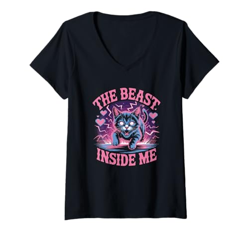Damen Beast Inside Süßer dummer Katzen-Meme-Humor T-Shirt mit V-Ausschnitt von Cat Lover Funny Meme Saying - DressedForDuty