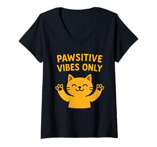 Damen Pawsitive Vibes Only Süße lächelnde Katze mit erhebender Botschaft T-Shirt mit V-Ausschnitt von Cat Lover Gift