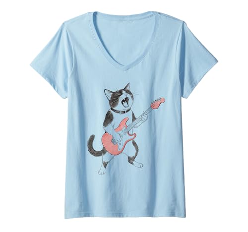 Damen Katze spielt Gitarre | Vintage Gitarre Katze T-Shirt mit V-Ausschnitt Damen Katze spielt Gitarre | Vintage Gitarre Katze T-Shirt mit V-Ausschnitt von Cat Lover Gifts for Women & Men