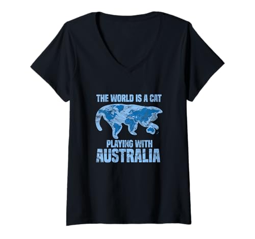 Damen Die Welt ist eine Katze, die mit Australien spielt, lustiges Haustier im Vintage-Stil T-Shirt mit V-Ausschnitt von Cat Lover Gifts