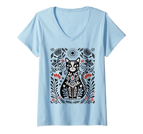 Damen Folk Art Katze Floral T-Shirt mit V-Ausschnitt von Cat Lover Gifts
