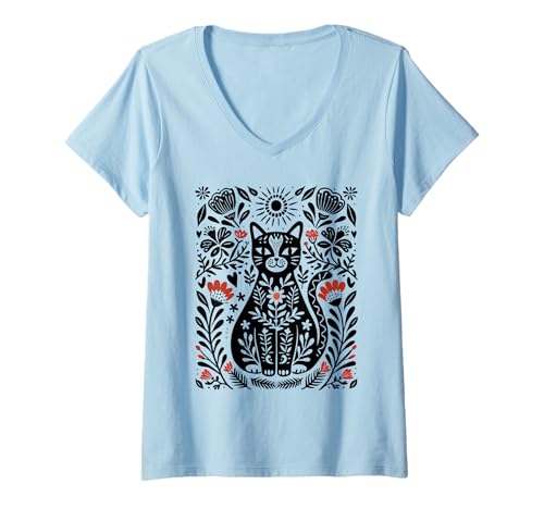 Damen Katze im Garten Schwarz-Weiß-Volkskunst T-Shirt mit V-Ausschnitt von Cat Lover Gifts